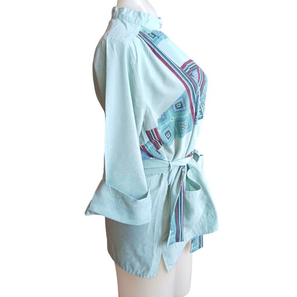 Medium Vintage Boho Belted Top Loubella Extendabes Tunic Blouse Mint Green 1970s - Picture 8 of 11
